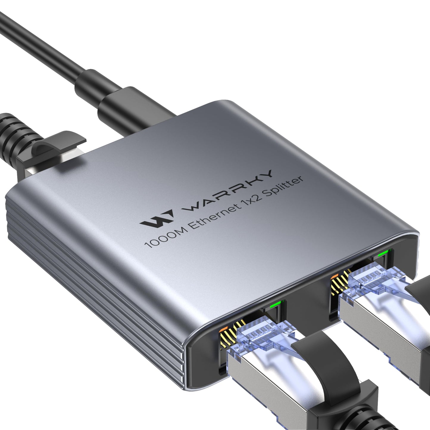 WARRKY Ethernet Splitter 1 to 2, 1000Mbps High Speed LAN Splitter, [0.55inch Ultra Slim, Integrally Molded Aluminum Case] Gigabit Ethernet Switch 2