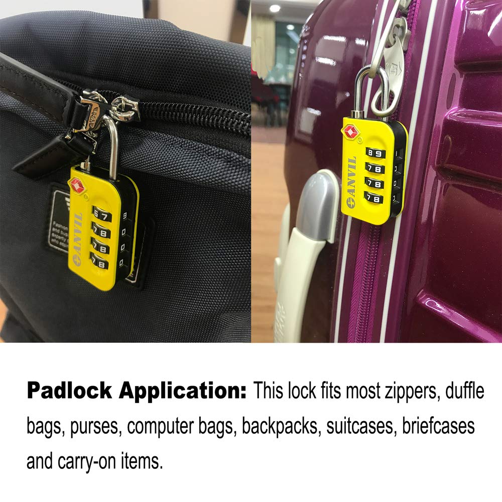 ANVIL TSA Approved Luggage Lock – 4-Digit Combo with Easy-Read Window, for Suitcases, Backpacks, Lockers – Yellow 2 Pack