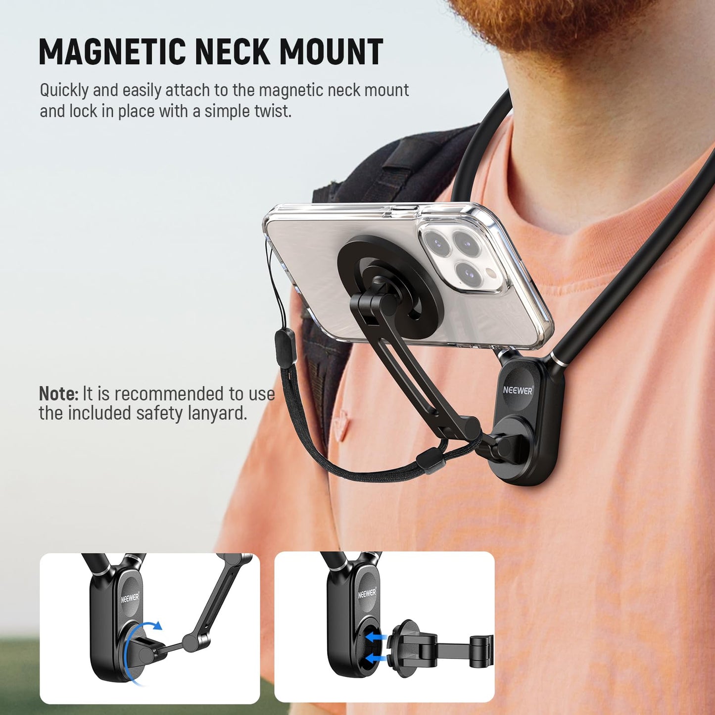 NEEWER GP-16 Magnetic Neck Mount for Action Camera & Phone with Cleaning Cloth Chest Mount Phone Holder for POV Video Recording Vlogging Compatible