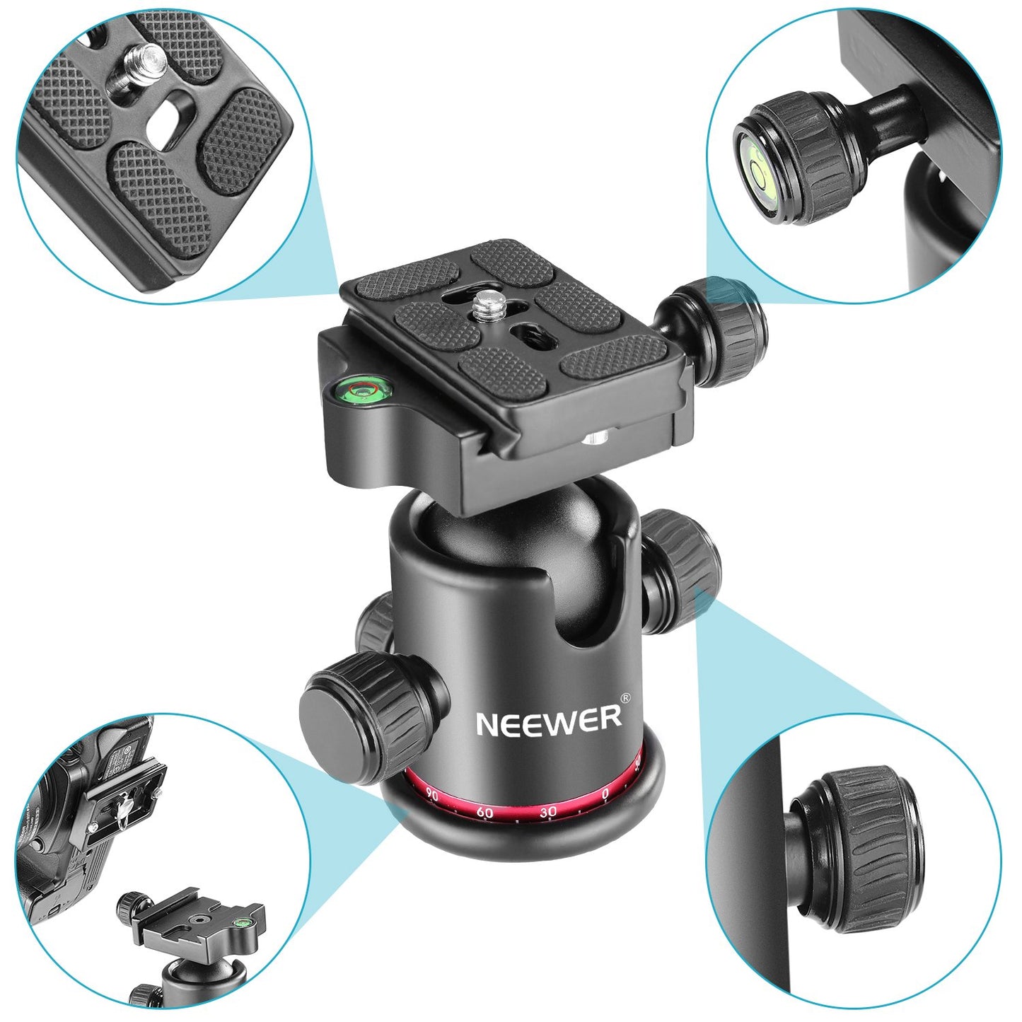 Neewer Professional Metal 360 Degree Rotating Panoramic Ball Head with 1/4 inch Quick Release Plate and Bubble Level,up to 17.6pounds/8kilograms,for