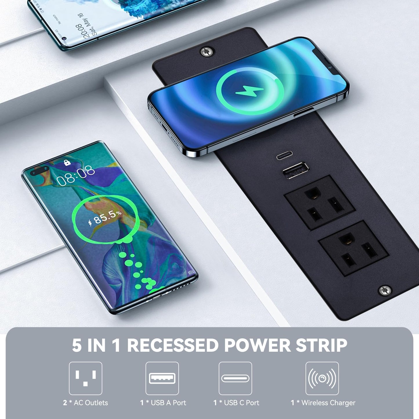 Recessed Power Strip with 15W Wireless Charger,Furniture Recessed Outlet with USB C Fast Charging,Desktop Charging Station & 2 Outlets,2 USB Ports