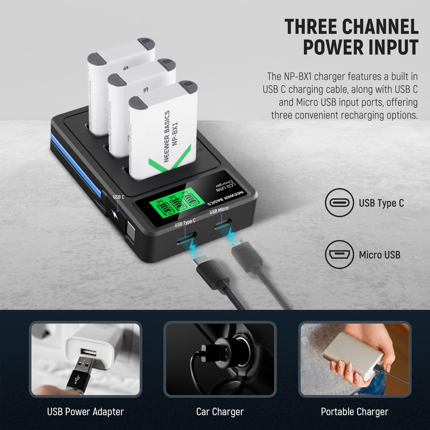 NEEWER Basics 3Pcs NP-BX1 Replacement Batteries with USB Triple Charger, 1090mAh Camera Backup Power Supply Compatible with Sony ZV1 ZV-1 II Cybershot