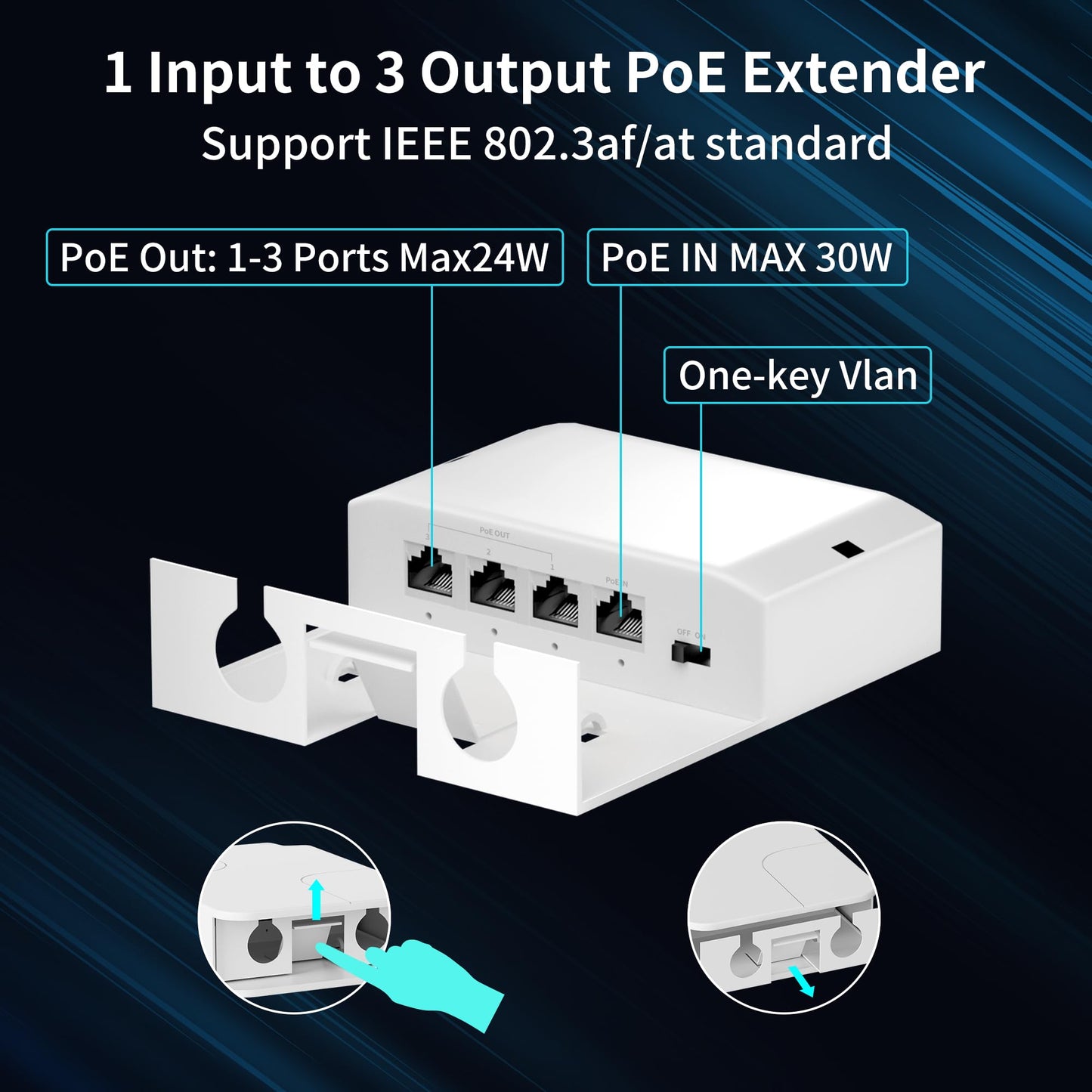 4 Port Outdoor 10/100Mbps PoE Extender, IEEE802.3af/at PoE+ Repeater, IP66 Waterproof with VLAN Function, Extend Up to 100M(328Ft), Plug and Play Wall