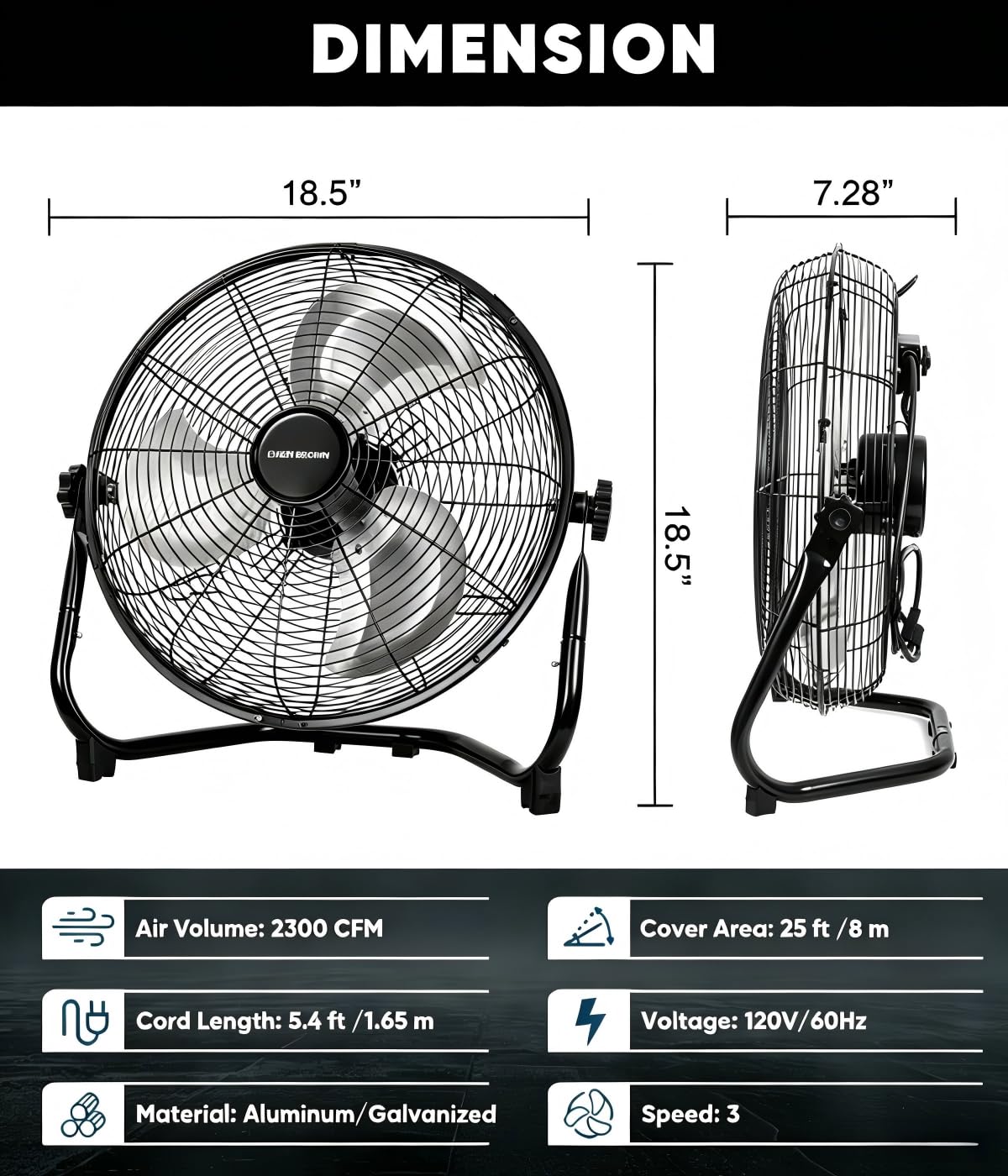 KEN BROWN 2300 CFM 14 Inch High Velocity Box Fan, Aluminum Blades Metal Floor Fan with 3 Speeds, 360° Tilt, Heavy Duty Metal, Cooling for Home Patio