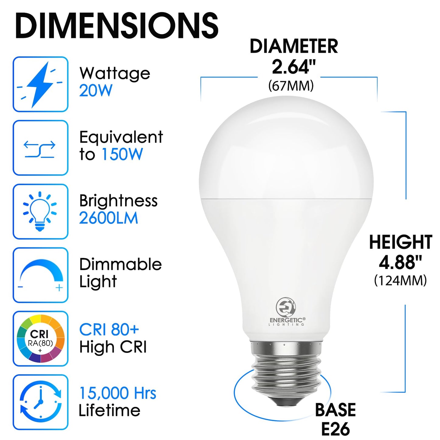 E ENERGETIC LIGHTING 4 Pack Dimmable A21 LED Bulb, 150 Watt Equivalent, Daylight 5000K, 2600LM Super Bright Light Bulbs, E26 Standard Base, Damp