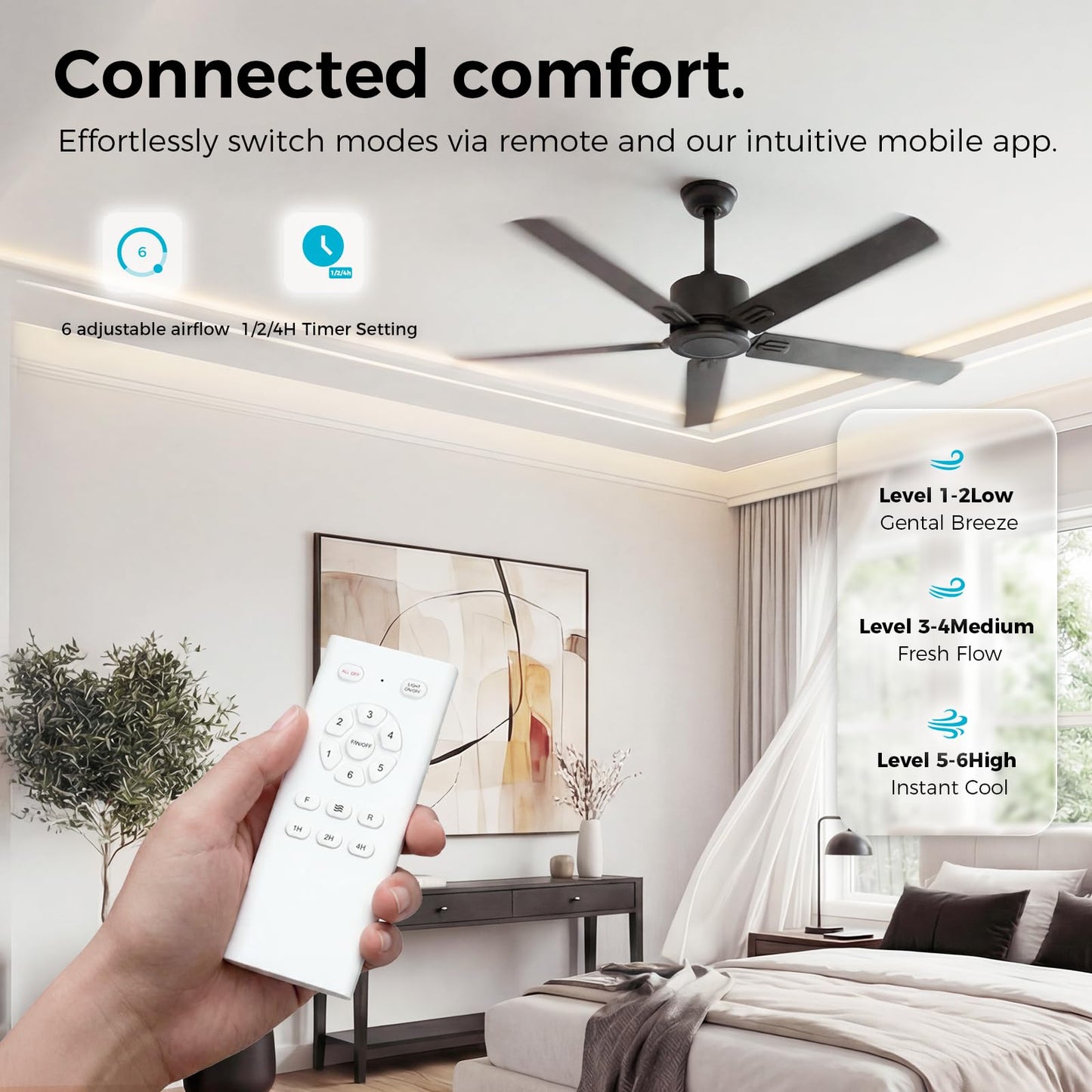 Obabala Outdoor Ceiling Fan No Light, 52 Inch Black Modern Ceiling Fan Without Light, Dual Finish 5 Blades,6 Speed, Reversible Quiet DC Motor