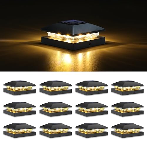 VOLISUN 4x4 Solar Post Cap Light 12pack,Solar Fence - Post Lights Outdoor Waterproof for Wooden/Vinyl Post,Black Deck Post Cap Light Solar Powered