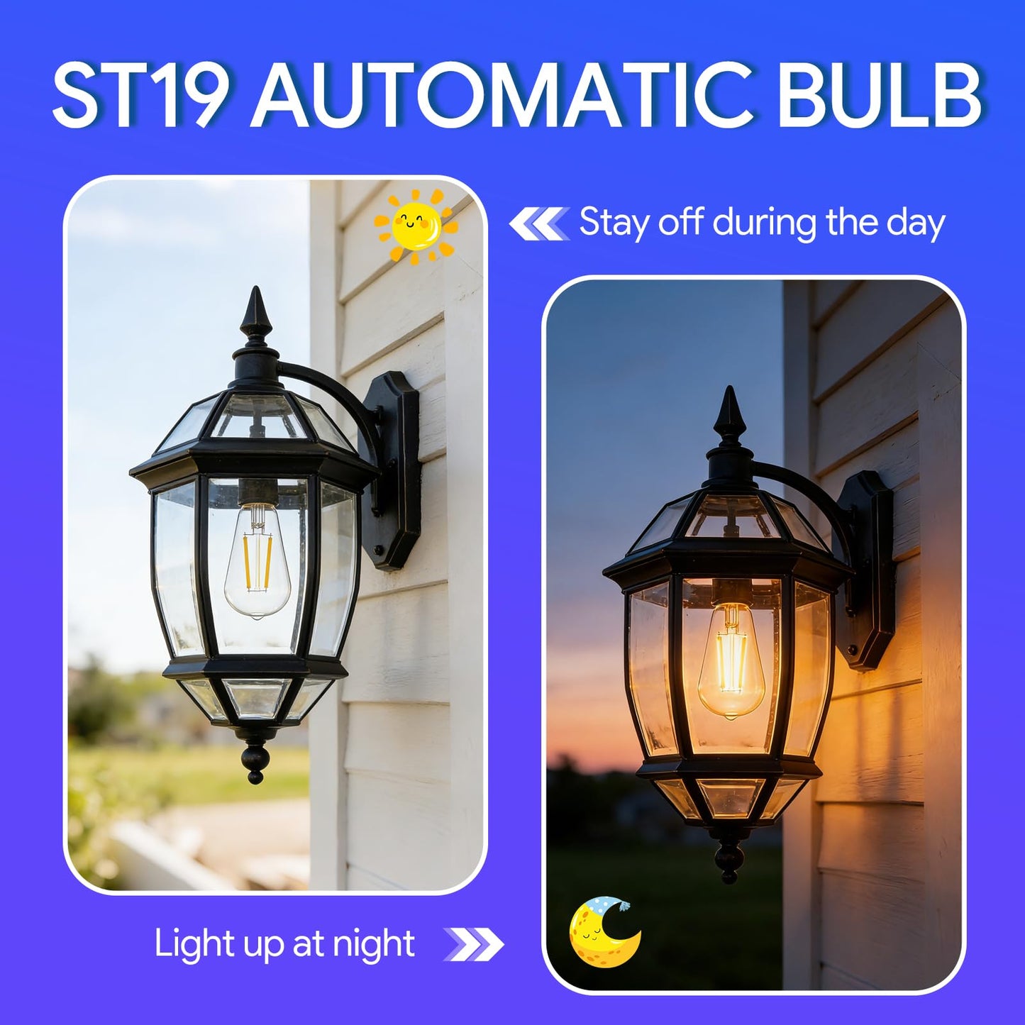 Energetic Dusk to Dawn Outdoor Sensor ST19 LED Light Bulb, 60 Watt Equivalent(6.5W), 700LM, 2700K Soft White, Vintage Filament E26 Base, Automatic