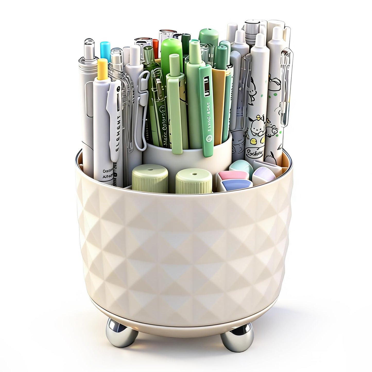 GOTOBA 360° Rotating Pencil Holder for Desk, Makeup Brush Holder with 6 Slots, Desk Organizer for Writing Utensil, Office and School Supplies (Milky
