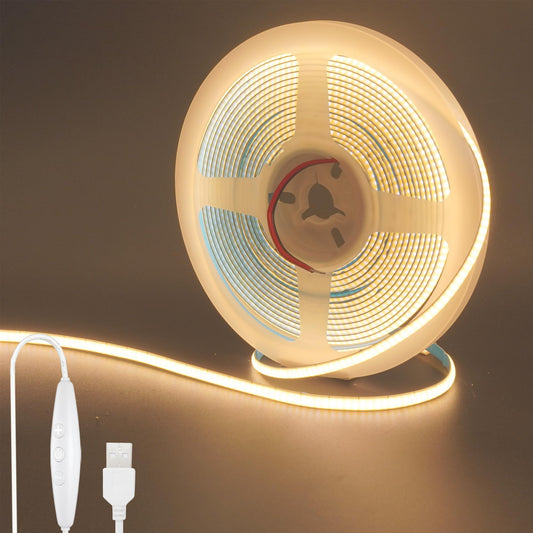 Clearhill 5V 5mm Width USB COB LED Strip Lights with Dimmable Switch,9.84FT/3M,Warm White 3000K,400LEDs/M,8W/M,CRI90,2250lm,Electroplated Double-Sided