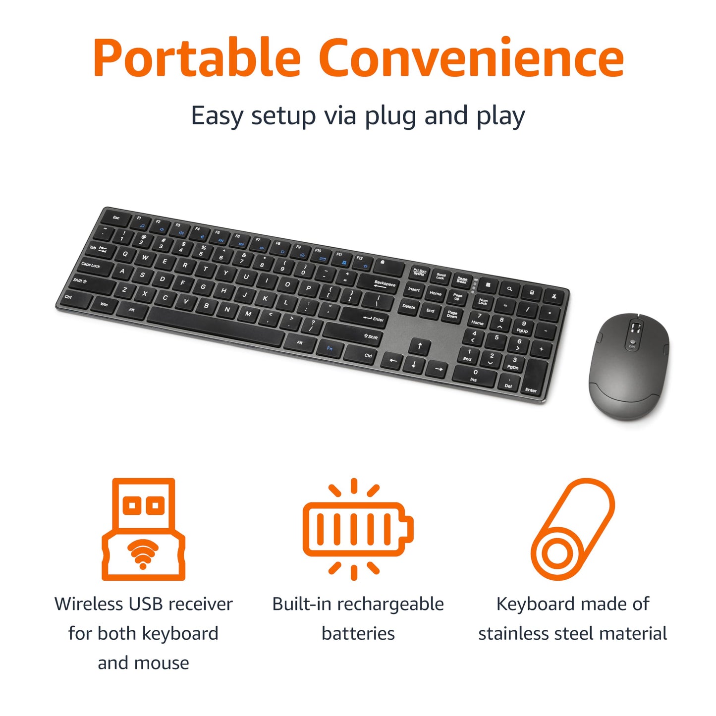 Amazon Basics Ultra Premium Wireless Keyboard and Mouse Combo, Rechargeable, Full-Size with Number Pad, Sleek Design, Plug and Play, Quiet Typing