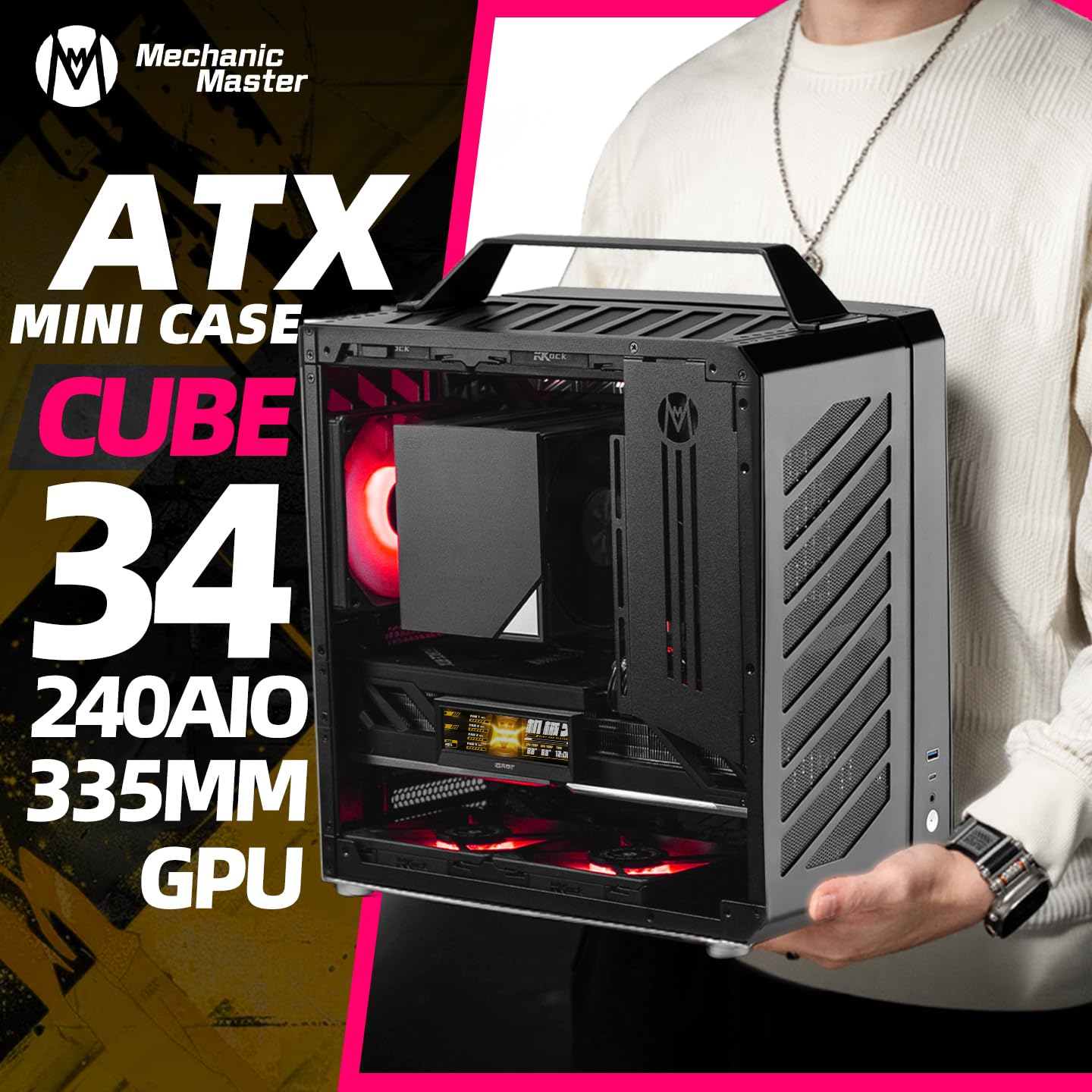Mechanic Master C34 Compact ATX Case with Carry Handle, Portable Desktop Computer Chassis, Supports 240mm Liquid Cooling & ATX PSU, GPU up to 335mm