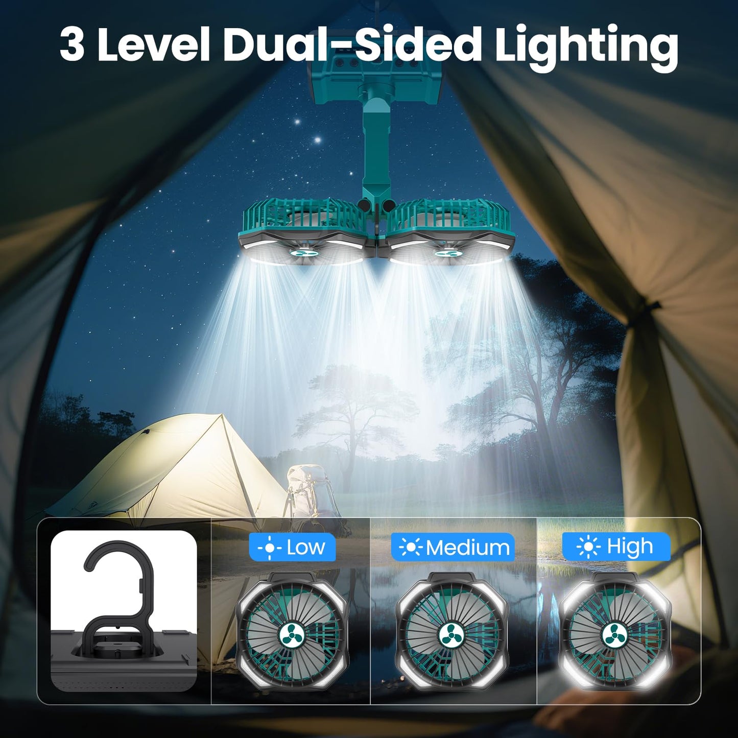 Dual Head Portable Rechargeable Fan 20000mAh Battery Powered Camping Fan Cordless with LED Lantern & Remote, Auto Oscillation, Hook, Battery Operated