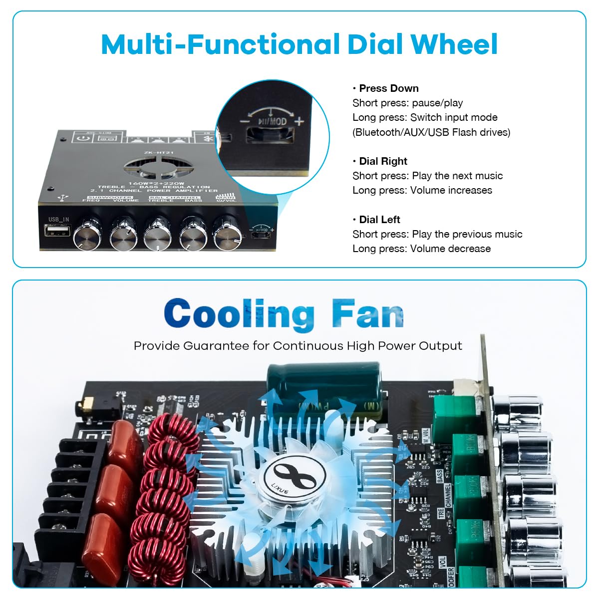 ZK-HT21 TDA7498E Bluetooth Amplifier Board 160W×2+220W Subwoofer 2.1 Channel Audio Receiver Power Amplifier Module with Treble and Bass Control