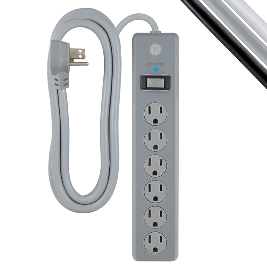 GE 6-Outlet Surge Protector, 8 Ft Extension Cord, Power Strip, 800 Joules, Flat Plug, Twist-to-Close Safety Covers, UL Listed, Gray, 61344