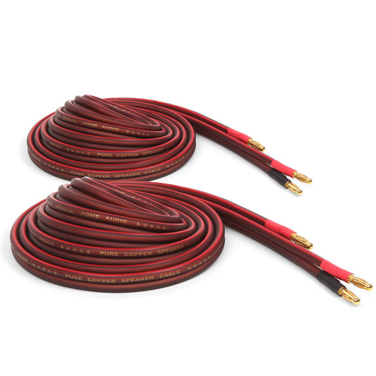 Micca 14 Gauge Pure Copper Speaker Cables, 13 Feet Each (4 Meters), 2 Pack Pair, Gold Plated Banana Plugs Connectors, Soldered Construction, Slim