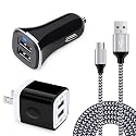 USB Wall Charger Block 2.1A Dual Port Power Adapter with Car Charger and 6ft Micro Phone Charger Cable Nyon Braided Cord for Samsung Galaxy S7, S7