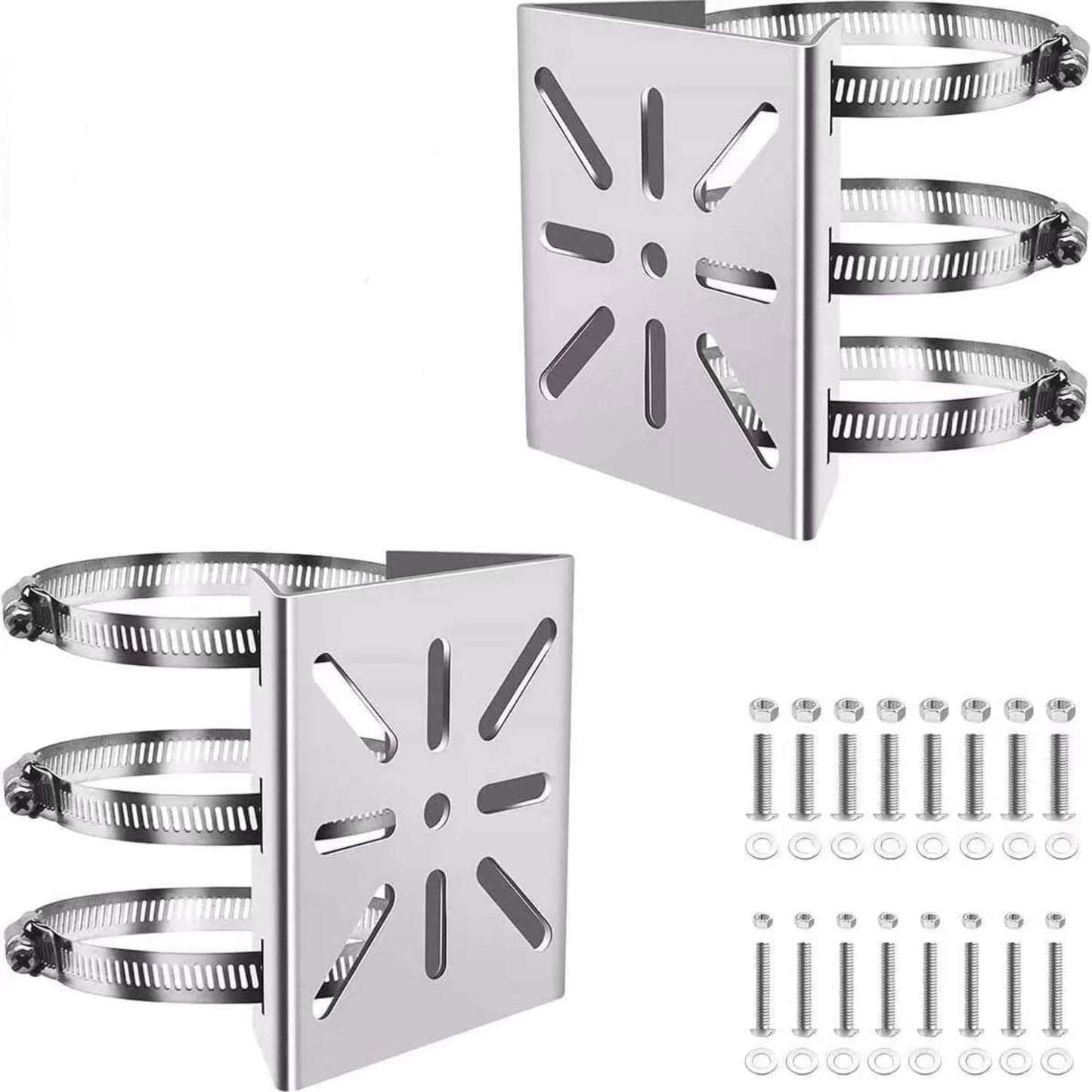 Clearhill Stainless Steel Pole Mount Bracket for Security Cameras, Vertical CCTV Camera Corner Bracket with Adjustable Straps (2)