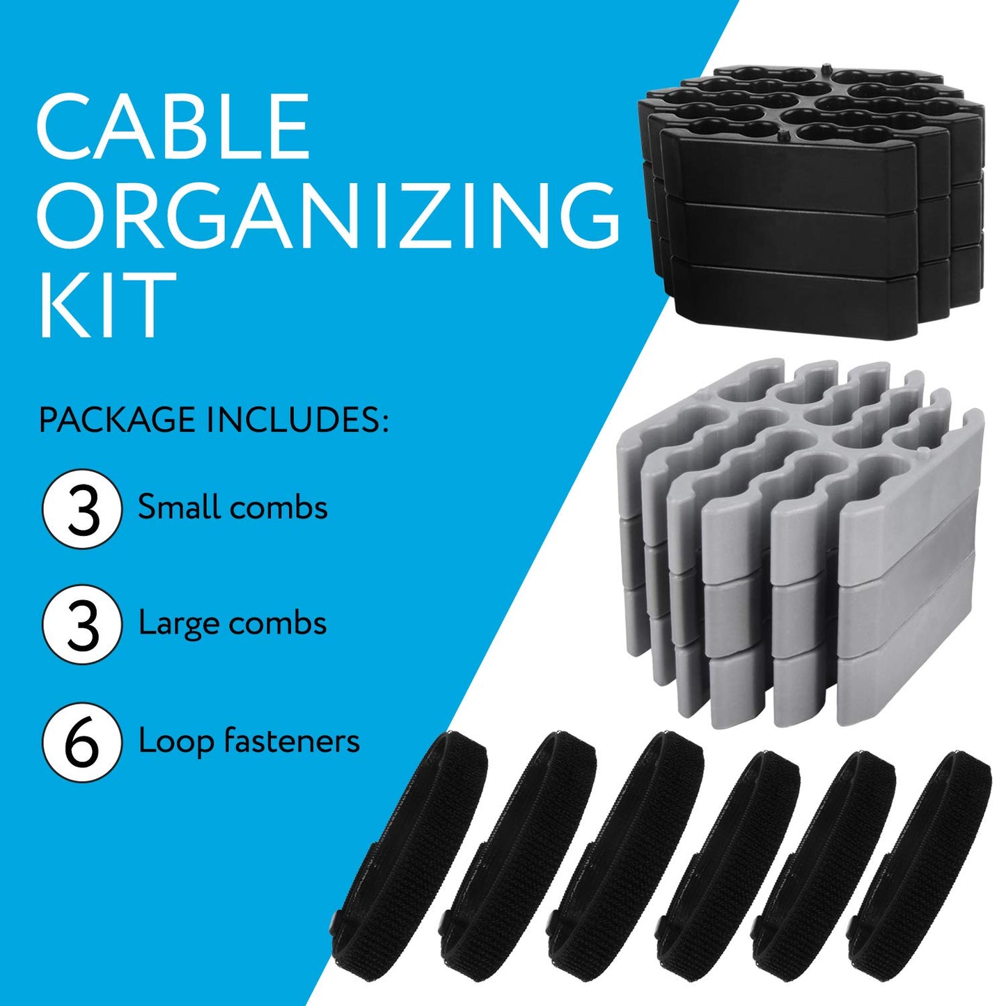 IMPRESA Cable Comb Organizer Kit - Black, Grey, Zip Style Wire Management Tools for Network & Office Setup - Cat6a Cable Combs for Data Center & 24