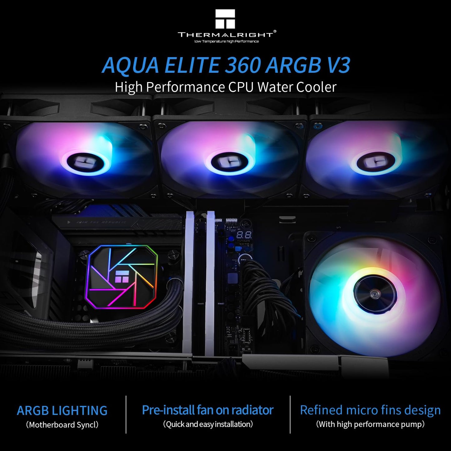 Thermalright Aqua Elite 360 V3 Liquid CPU Cooler, 360 Cooling Row Size, 3 x 120mm PWM Fans, S-FDB Bearings,for AM4/AM5, Intel