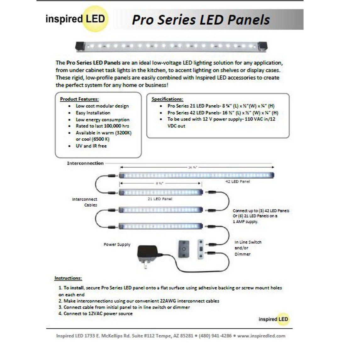 Inspired LED Super Deluxe Pro Series 21 LED Kit Under Cabinet Lighting | 24 Watt 12V DC | Pure White ~4200 K 135 lm/ft (Dimmer Optional-See