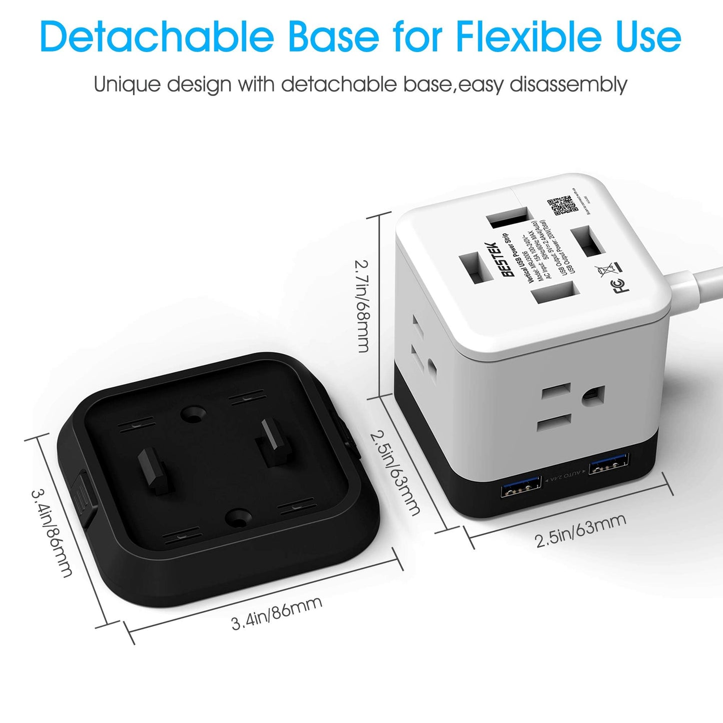 BESTEK Power Strip with USB, Multiple Plug with 3 Outlets 4 USB, 5 ft Extension Cord,Flat Plug Surge Protector Tower,Power Delivery Charging for Dorm