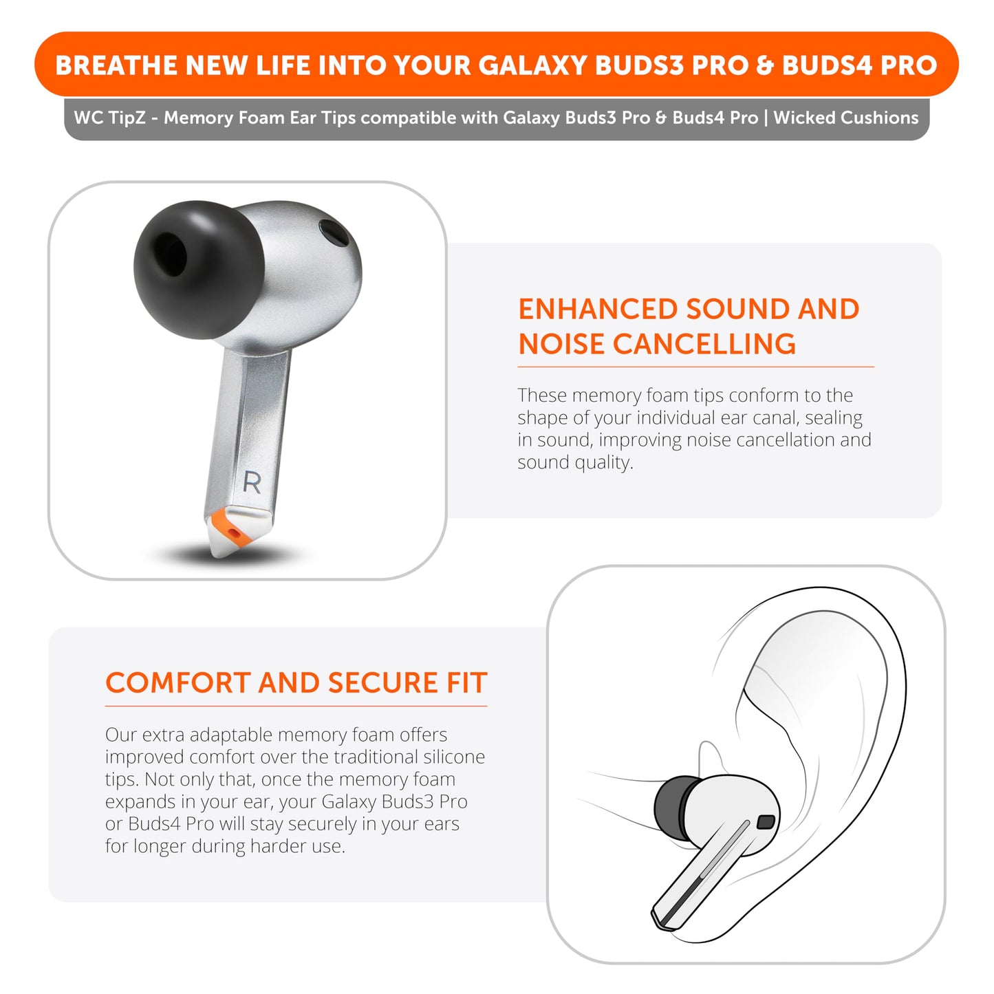 WC TipZ Galaxy - Memory Foam Ear Tips Compatible with Samsung Galaxy Buds Pro 3 & Pro 4 by Wicked Cushions | Improved Comfort, Tighter Seal & Better