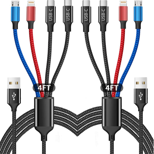 Multi Charging Cable(2Pack 4FT), 4 in 1 Charger Cable Nylon Braided Multiple USB Cable Universal Phone Charging Cord with Type-C, Micro USB, IP Port