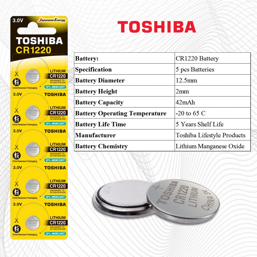 TOSHIBA CR1220 3V Lithium Coin Cell Battery 5 Batteries in Strip Child-Resistant Packaging