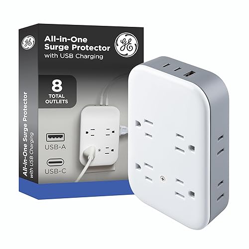 GE All-in-One Surge Protector Wall Tap, 8 Outlets (4 Grounded + 4 Polarized), 2 USB-C & 1 USB-A, 15W Shared, 1140J, Circuit Breaker, ETL Certified
