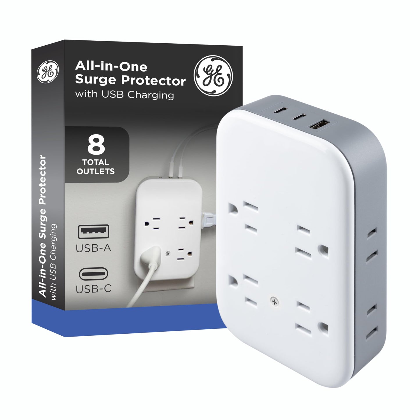 GE All-in-One Surge Protector Wall Tap, 8 Outlets (4 Grounded + 4 Polarized), 2 USB-C & 1 USB-A, 15W Shared, 1140J, Circuit Breaker, ETL Certified