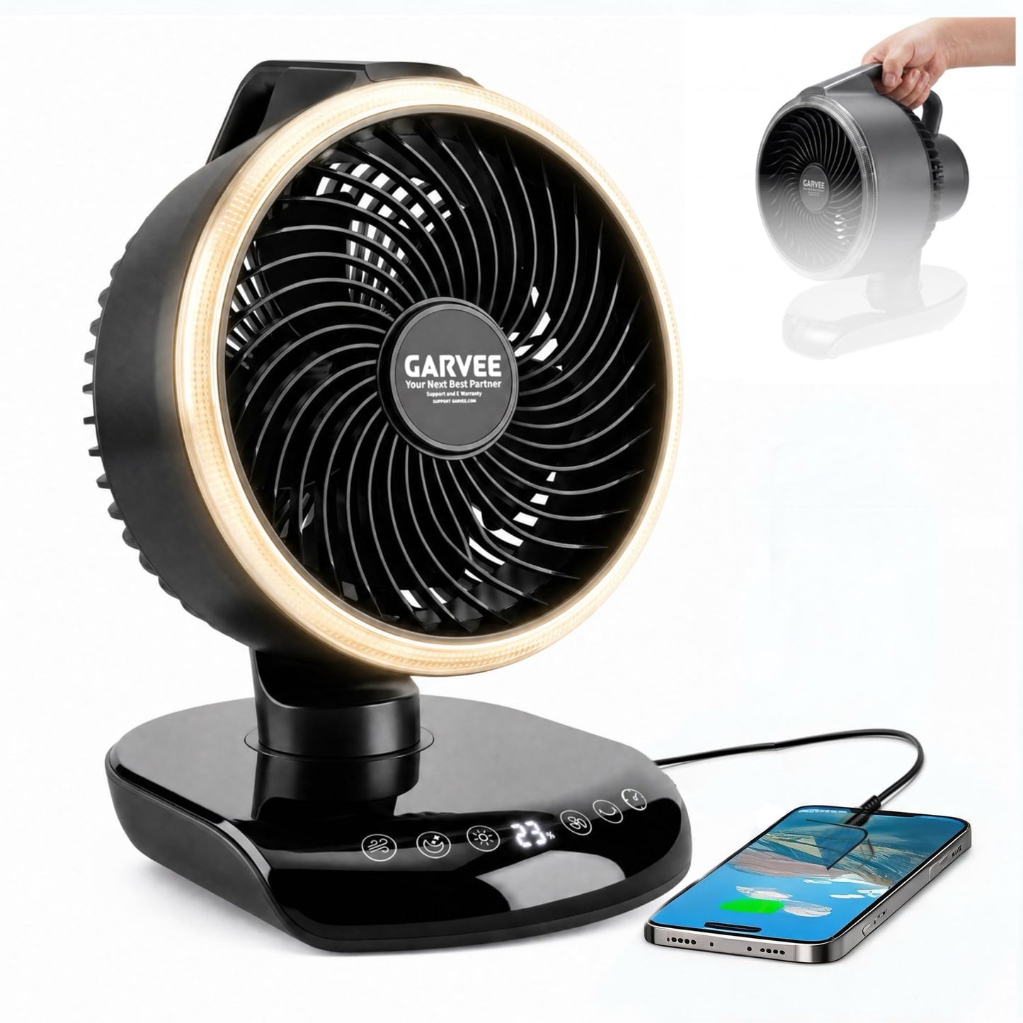 Garvee Portable Camping Fan, 20000mAh Rechargeable Battery Powered Fan, 20 ft Remote & Timer, 5 Speeds + Rotatable Head, LED Light for Office, Outdoor