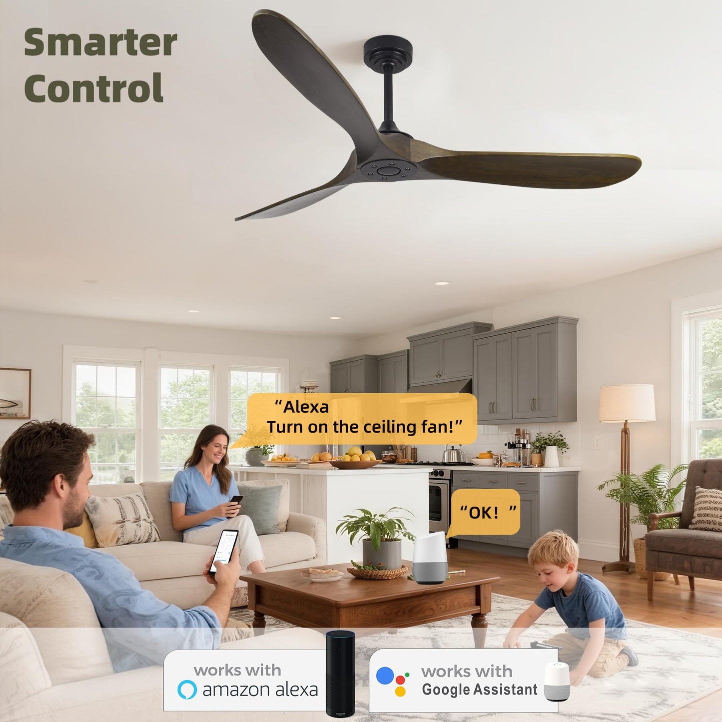 Homlit Outdoor Ceiling Fan Without Light, 60 Inch Smart Ceiling Fan with Remote & Voice Control for Compatible with Alexa/Google, 3-Blade Wood Fan