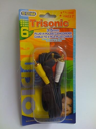 6 Ft. 3.5mm plug camcorder cable to 3 RCA TS-1214GA Plug Adapter Connectors Video Cables by Trisonic