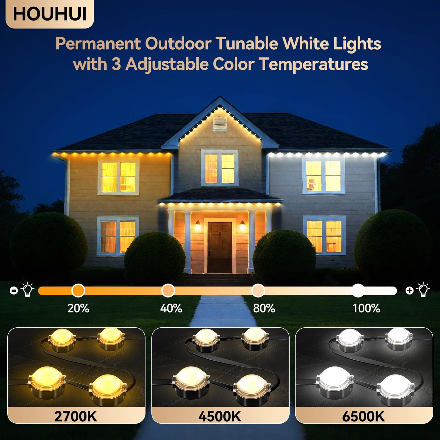 Permanent Outdoor Lights Warm to Cool White, 65.6Ft 2700K-6500K White 2-in-1 Eaves & Ground Stakes LED Lights IP67 Waterproof with Remote, Outside
