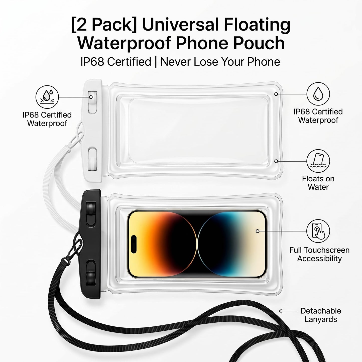 [2 Pack] Universal Floating Waterproof Phone Pouch, IP68 Water Proof Case for All Phones with Detachable Lanyard - Perfect Beach Cruise Essentials