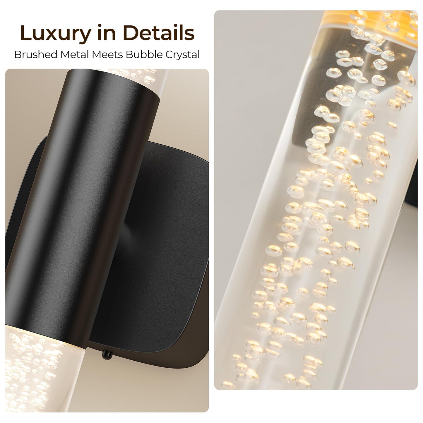 Eclipterra Battery Operated Wall Sconce Set of 2 Black Rechargeable Acrylic Crystal Sconce Wall Decor Set of 2 with 12000mAh CCT Dimmable 350° Rotate
