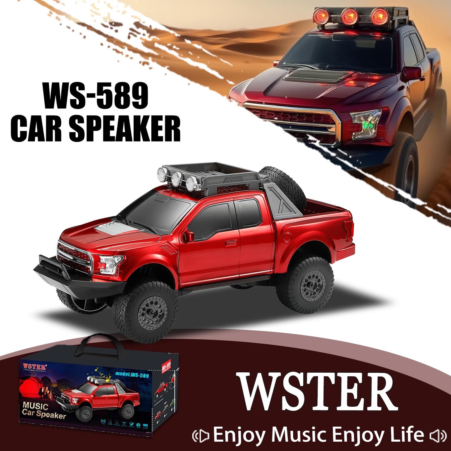 WS-589 Rugged Pickup Truck Bluetooth Replica Speaker - Portable Audio with TWS, LED Party Lights & HD Stereo | Unique Surprise Gift for Music & Truck