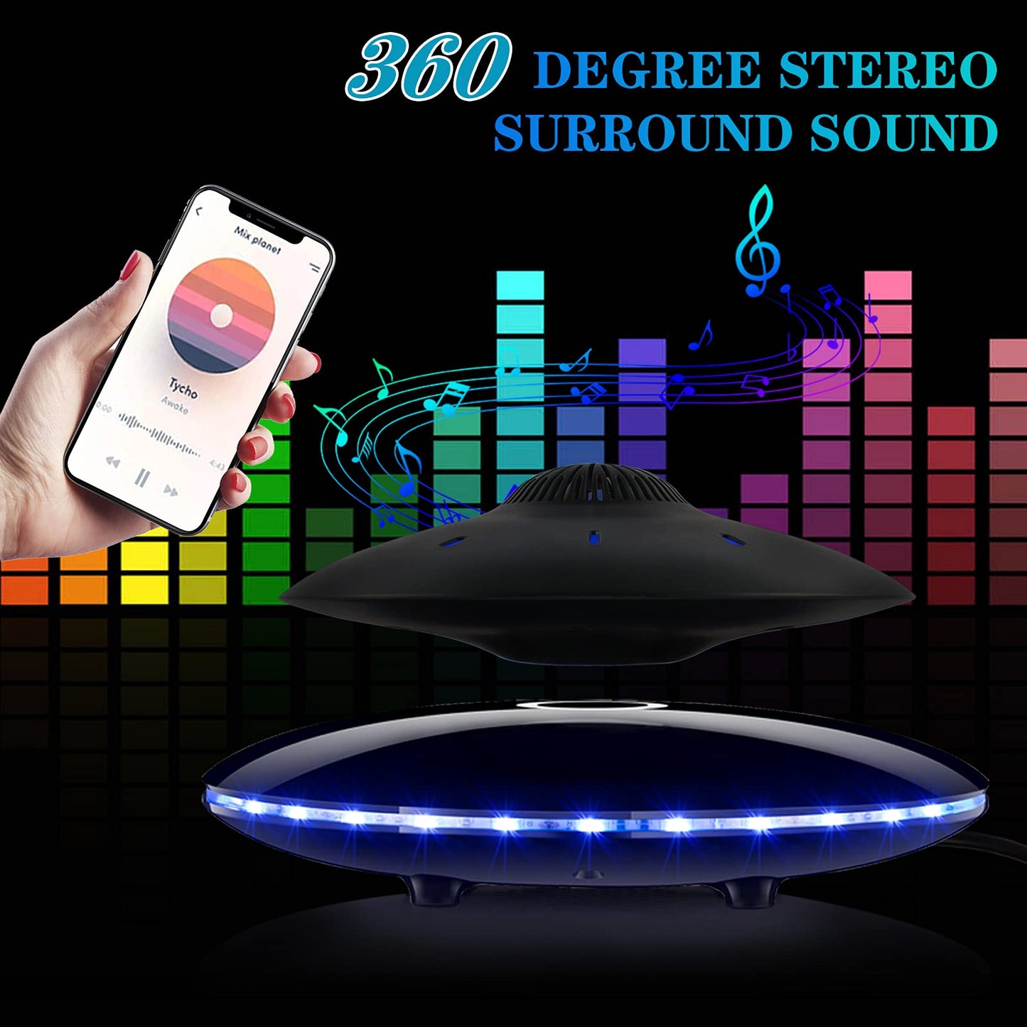 RUIXINDA Magnetic Levitating Bluetooth Speaker, Levitating UFO Speakers with LED Lights, 360 Degree Rotation,Wireless Floating Speakers for Home