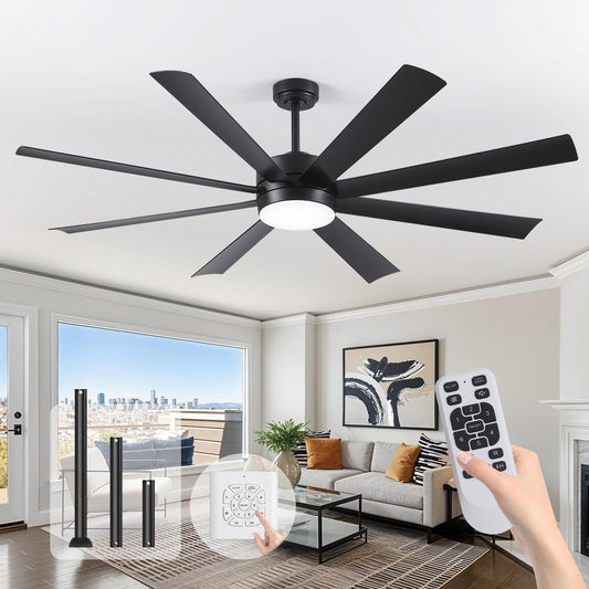 qlodgat 72 Inch Ceiling Fans with Lights, Ceiling Fans with Lights and Remote, Dimmable, Indoor/Outdoor Black Modern Ceiling Fan for Kitchen Living