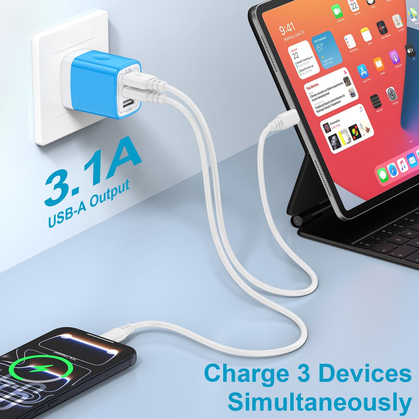 USB Charger Plug, HOOTEK 2Pack 3.1A 3-Multi Port USB Wall Charge Brick Adapter Charging Block Cube Box for iPhone 17/16e/16/15/14/13 Pro Max/12/XS/X