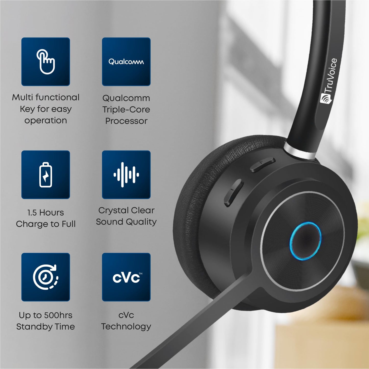 TruVoice BT85 Wireless Bluetooth Headset with V5.2 USB Dongle | Noise Suppression Speakers and NC Microphone | Fast Charging with 22 Hour Talk Time