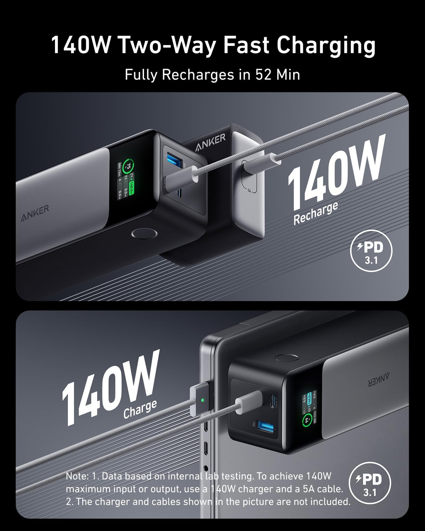 Anker 737 Power Bank, 140W Max 3-Port Laptop Portable Charger, 24,000mAh, Smart Display, Compatible with iPhone 16 / 15 / 14 Series, Vision Pro