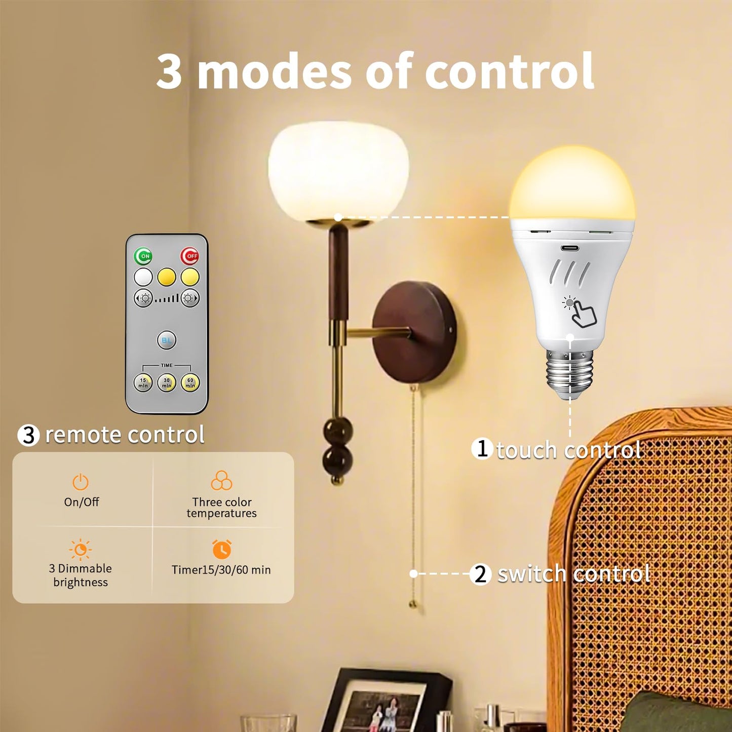SiJiMingyue A19 Rechargeable Emergency Light Bulb with Remote, E26 USB Dual Charging, 3 Color Dimmable LED, Touch Hardwired Battery Powered Backup