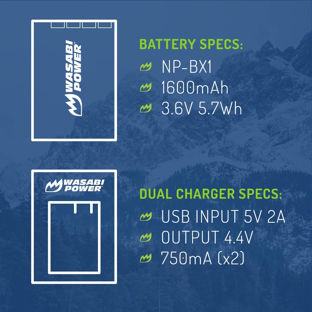 Wasabi Power NP-BX1 Battery (2-Pack) and Dual USB Charger for Sony NP-BX1/M8, ZV-1, ZV-1 II, Cyber-Shot DSC-HX95, HX99, HX350, RX1, RX1R II, RX100