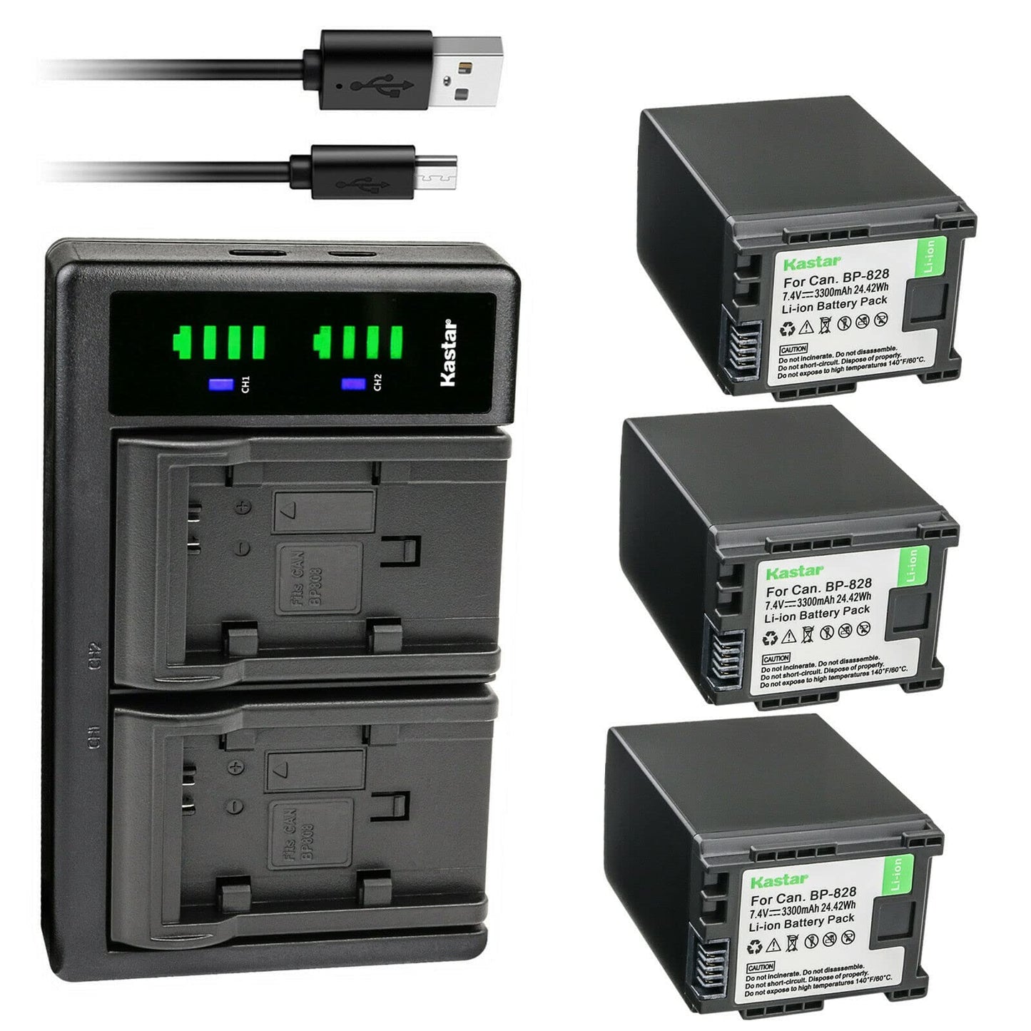 Kastar 3-Pack BP-828 BP828 Battery and LTD2 USB Charger Replacement for Canon XF400 XF405 XA10 XA11 XA15 XA20 XA25 XA30 XA35 XA40 XA45 XA50 XA55 VIXIA