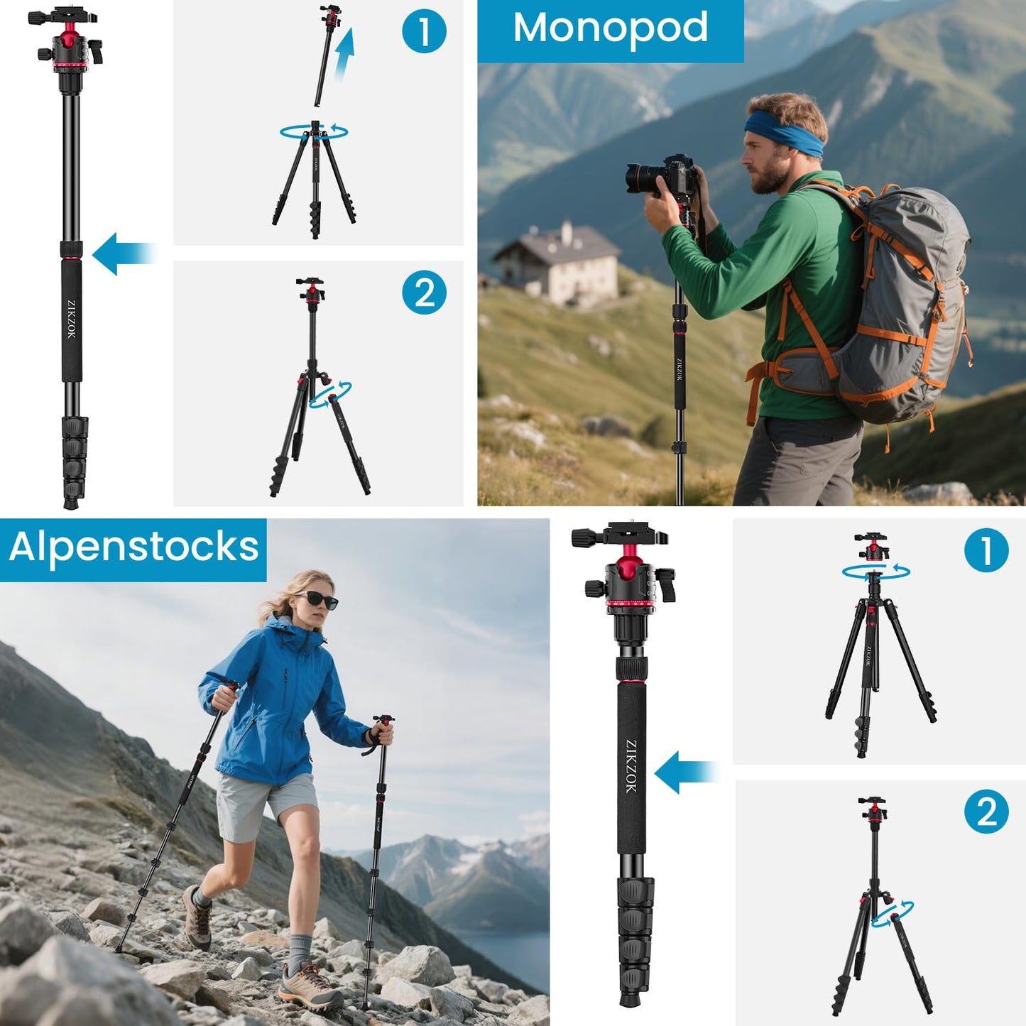 Camera Tripod, Lightweight Travel Outdoor DSLR Tripods Aluminum Tripod/Monopod, 360°Ball Head Detachable, Tripod for iPhone, ipad, DSLR,Tablet