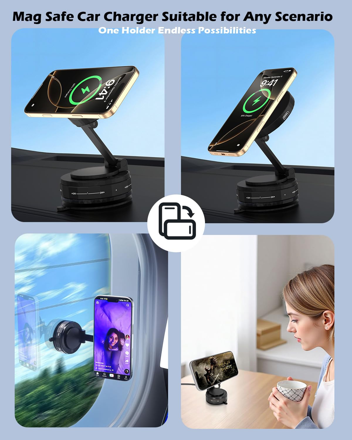 15W Magnetic Wireless Car Charger ,Mag Safe Car Mount Charger Fast Magnet iPhone Charging 360°Adjustable Phone Holder with Stronger Magnetic & Suction