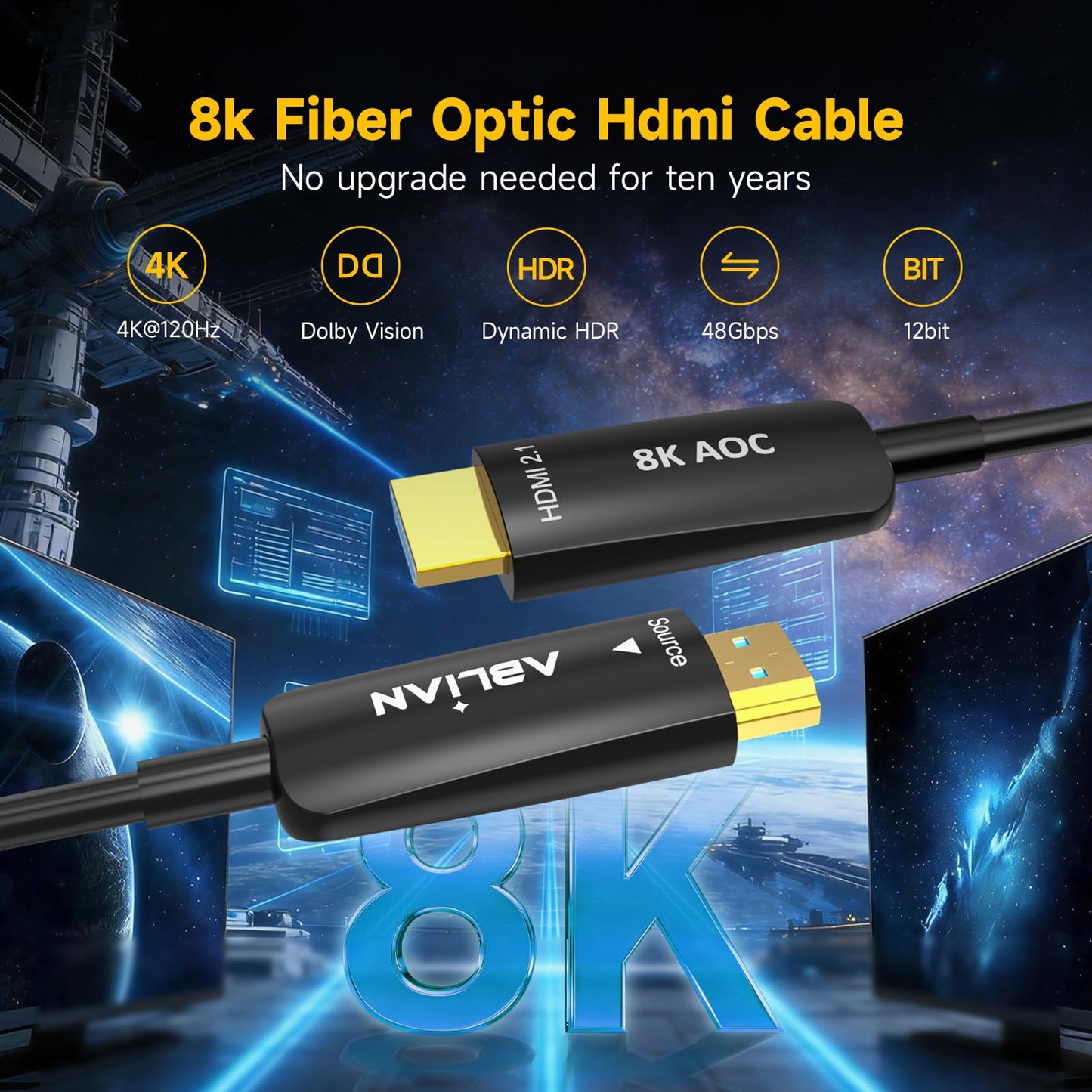 Ablian 8K HDMI Cable 30 ft, Fiber Optic HDMI 2.1 Cable 48Gbps Support 8K@60Hz 4K@120Hz Ultra High Speed for Dynamic HDR/eARC/HDCP 2.3 for RTX3090 Xbox