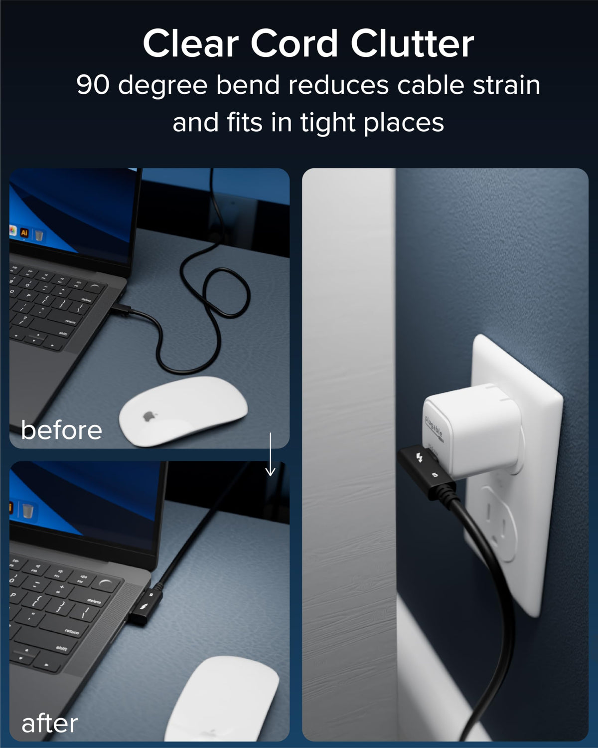 Plugable Thunderbolt 5 Cable Right Angle 80Gbps 240W Charging